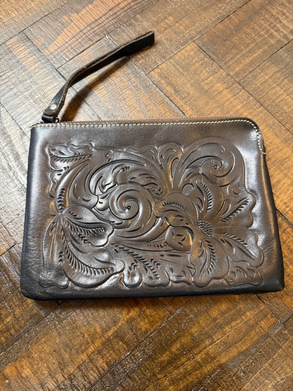 Patricia Nash Tooled Leather Clutch Brown Floral Wristlet Boho